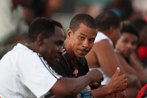 Photo: Former Trinidad and Tobago national coach Ron La Forest (left) makes a point to Pro League CEO Dexter Skeene. (Courtesy Allan V. Crane/Wired868.com)