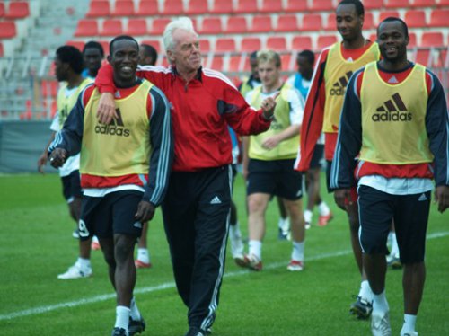 Photo: Coach Leo Beenhakker (centre), Trinidad and Tobago World Cup captain Dwight Yorke (left) and the country's record goal scorer Stern John at the 2006 World Cup.