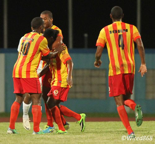 Photo: Point Fortin Civic FC celebrates its first Pro League goal against Police FC in Couva. (Courtesy Wired868)