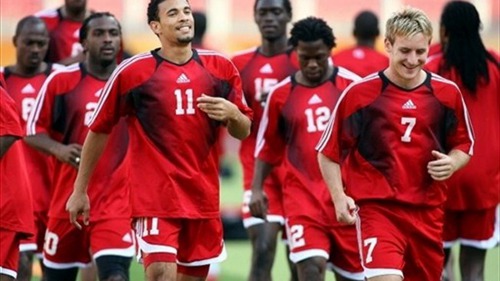 Photo: Trinidad and Tobago stalwarts Carlos Edwards (number 11) and Chris Birchall (number 7) train with their teammates during the 2006 World Cup in Germany,