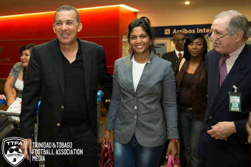 Photo: President Anthony Carmona (left) and his wife Reema Harrysingh-Carmona (centre) arrive in Buenos Aires for an international friendly between Trinidad and Tobago and Argentina in June 2014. (Courtesy Allan V Crane/TTFA)