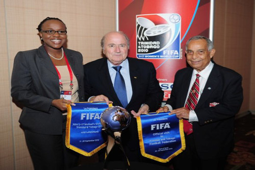 Photo: Former TTFF president Oliver Camps (right), outgoing FIFA president Sepp Blatter (centre) and 2010 LOC deputy CEO Nataki Kerr. (Courtesy TTFA)