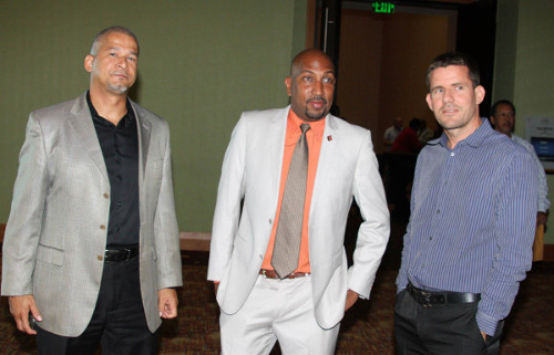 Photo: Former Sport Minister Anil Roberts (centre), ex-SPORTT Company CEO John Mollenthiel (left) and former SPORTT chairman Sebastien Paddington. The three men were key figures in the controversial Life Sport fiasco. (Courtesy SPORTT)