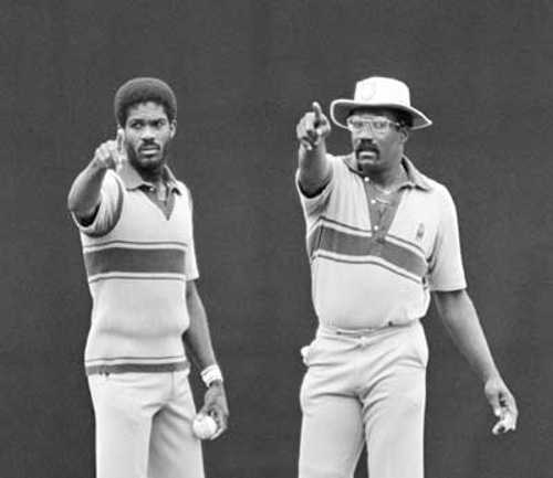 Photo: Former West Indies captain and icon Clive Lloyd (right) shares a point with legendary pacer Michael Holding.