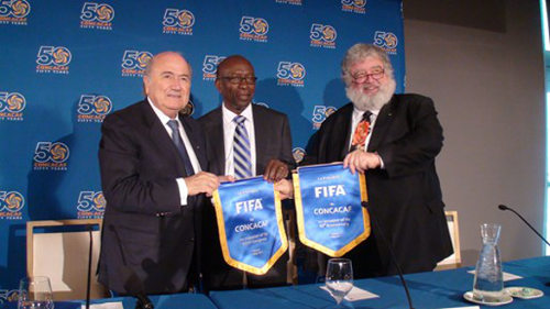 Photo: FIFA president Sepp Blatter (left), former vice-president Jack Warner (centre) and ExCo member Chuck Blazer. (Courtesy Play The Game)