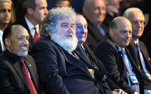 Photo: Former CONCACAF general secretary Chuck Blazer (centre) and disgraced former FIFA vice-president Mohamed Bin Hammam (Courtesy UK Telegraph)