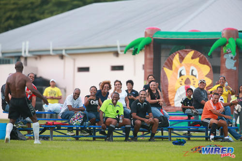 Photo: Former "Strike Squad" star Leonson Lewis (far left) gets excited after his goal in the 2015 Wired868 Football Festival at UWI SPEC. (Courtesy Allan V Crane/Wired868)