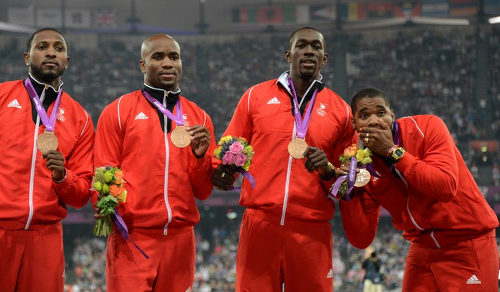 Photo: Trinidad and Tobago sprinters (from left) Richard Thompson, Emmanuel Callender, Marc Burns and Keston Bledman on the podium at the London 2012 Olympic Games. (Courtesy AFP 2015)