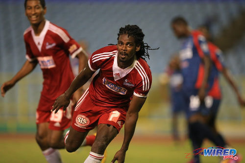 Photo: Central FC attacker Jason Marcano celebrates his goal during his team's 4-1 win over Caledonia AIA in the 2015 Digicel Pro Bowl final. (Courtesy Allan V Crane/Wired868)