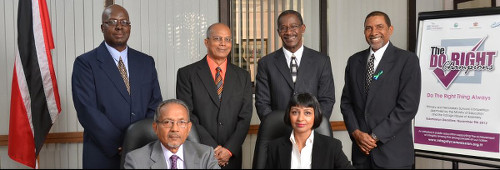 Photo: The Integrity Commission continued to operate despite the resignations of Dr Shelly Anne Lalchan (front row, right) and Justice Sebastian Ventour (back row, second from right), after questionable public pronouncements. (Courtesy Integrity Commission)