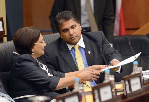 Photo: Opposition Leader Kamla Persad-Bissessar (left) and former Chief Whip Dr Roodal Moonilal. (Courtesy Baltimore Post)