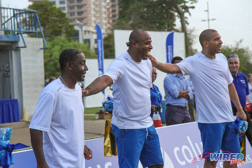 Photo: Russell Latapy,(left), Clayton Ince (middle) and Stan Collymore take part in the 2015 Legacy Community Outreach programme in Trinidad. (Courtesy Sinead Peters/Wired868)