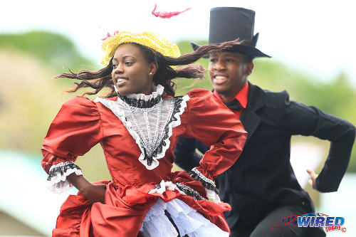 Photo: Tobago Heritage Dance Performers strut their stuff at the Dwight Yorke Stadium in Bacolet during the 2015 Legends Football tournament. (Courtesy Allan V Crane/Wired868)