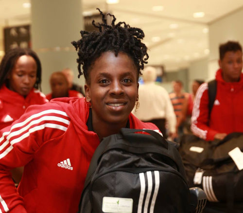 Photo: Trinidad and Tobago Women's National Senior Team star Kennya Cordner touches down in Toronto for the July 2015 Pan American Games. (Courtesy Allan V Crane/TTOC)