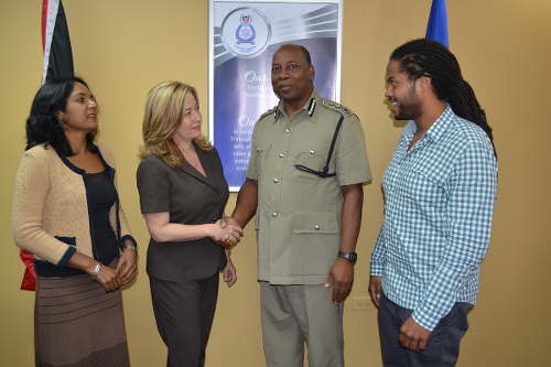 Photo: MATT president Francesca Hawkins (second from left) greets acting Police Commissioner Stephen Williams (centre) while MATT officials Sheila Rampersad (far left) and Jabari Fraser look on.