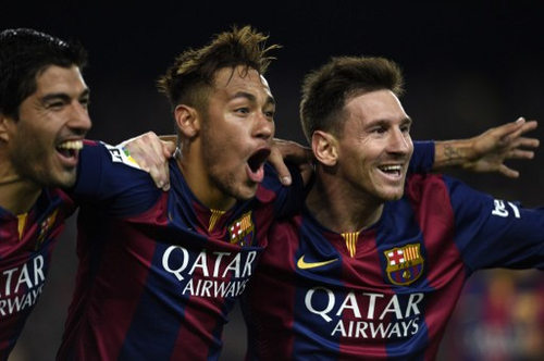 Photo: Barcelona stars Lionel Messi (right), Neymar (centre) and Luis Suarez celebrate at the Camp Nou. (Copyright Lluis Gene/AFP 2015)