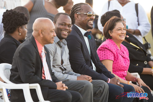 Photo: Former Sport Minister and Central FC chairman Brent Sancho (second from right) is flanked by ex-Prime Minister Kamla Persad-Bissessar (right) and former World Cup 2006 star and Central coach Stern John during the opening of the Irwin Park Sporting Complex in Siparia in 2015. (Courtesy Allan V Crane/Wired868)