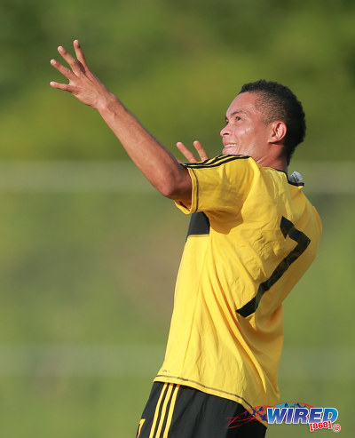 Photo: Cunupia attacker Eduardo Guedes, one of two Brazilians in their squad, celebrates his strike against Prisons FC in 2015 CNG Super League action at the Youth Training Facility, Arouca. (Courtesy Allan V Crane/Wired868)