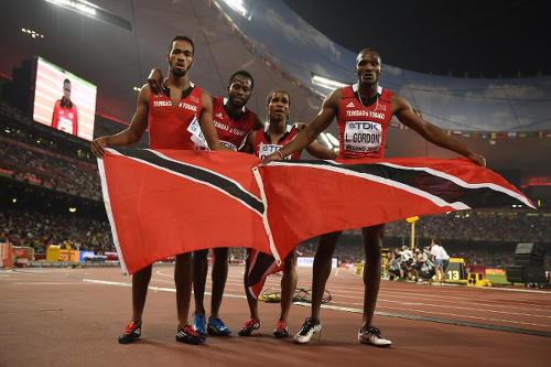 Photo: Trinidad and Tobago's 4x400 metre World Championship team (from left) Machel Cedenio, Deon Lendore, Rene Quow and Lalonde Gordon. (Copyright AFP 2015/Olivier Morin)