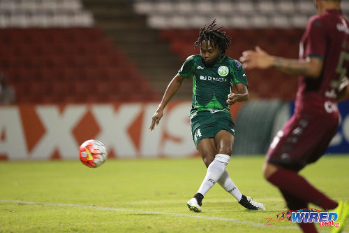 Photo: W Connection attacker Andre Toussaint blazes wide in 2015 CONCACAF Champions League action against Deportivo Saprissa. (Courtesy Allan V Crane/Wired868)