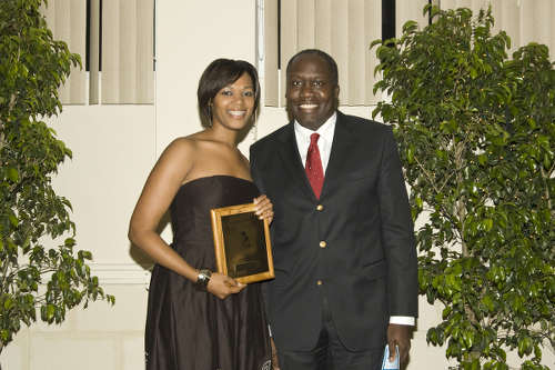 Photo: Public Administration and Communications Minister Maxie Cuffie (right) poses with journalist Charleen Stuart at the GISL Media Awards.