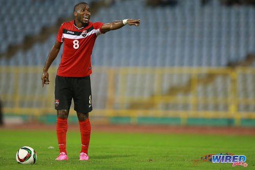 Photo: Trinidad and Tobago midfielder Khaleem Hyland points the way during last month's friendly international against Nicaragua. (Courtesy Allan V Crane/Wired868)