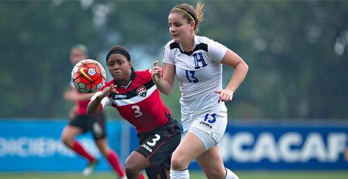 Photo: Trinidad and Tobago Women's National Under-20 captain Renee Mike (left) chases Honduras attacker Jinan Abdalah during 2015 CONCACAF Under-20 Championship action in San Pedro Sula, Honduras. (Copyright MexSport/CONCACAF)