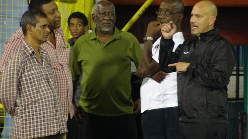 Photo: Trinidad and Tobago head coach Stephen Hart (far right) holds court with (from left) TTFA interim general secretary Azaad Khan, president David John-Williams, former technical advisor Muhammad Isa and TTFA vice-president Ewing Davis in December 2015. (Courtesy TTFA Media)