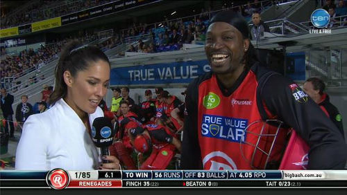 Photo: Awk-ward... Australian television presenter Mel McLaughlin (left) has little trouble dispatching Chris Gayle's pitiful pick-up line.