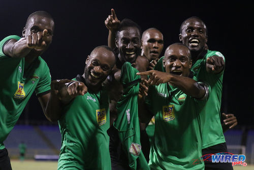 Photo: San Juan Jabloteh players (from right) Rickardo Harriott, Damian Williams, Brent Sam, Keyon Edwards, Kennedy Hinkson and Jamal Gay celebrate Edwards' second half winner against Point Fortin Civic during 2015/16 Pro League action at the Hasely Crawford Stadium. (Courtesy Chevaughn Christopher/Wired868)