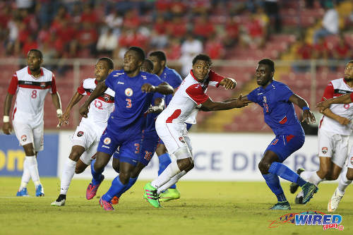 Photo: Trinidad and Tobago defender Mekeil Williams (centre) prepares to attack a corner kick against Haiti during the 2016 Copa America play off contest at the Rommel Fernandez Stadium, Panama City. (Courtesy Allan V Crane/CA-images/Wired868)