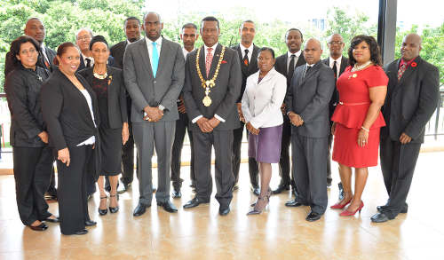 Photo: Former Port of Spain mayor Raymond Tim Kee (centre) and then deputy mayor Keron Valentine (fourth row, fourth from left) pose with the city's councillors and aldermen. (Courtesy Port of Spain City Corporation)