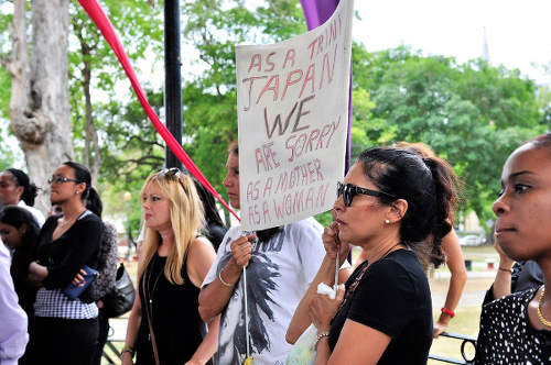 Photo: Protests against Port of Spain mayor Raymond Tim Kee in Woodford Square. (Courtesy Facebook)