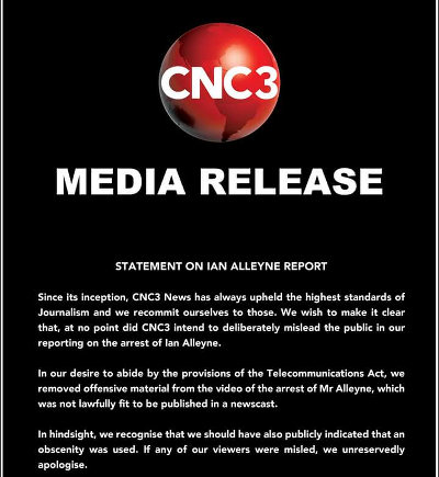 Photo: CNC3's media statement in defence of its coverage of Ian Alleyne's arrest in February 2016. (Courtesy CNC3)