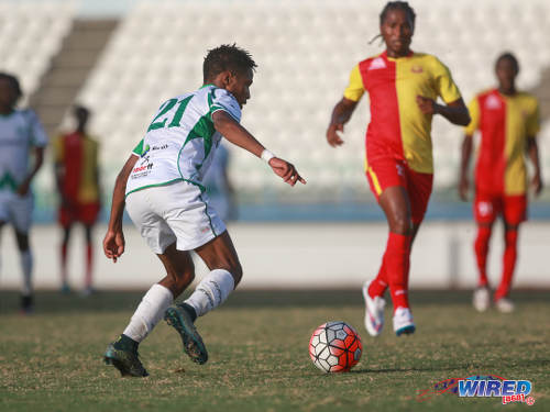 Photo: W Connection right back Shannon Gomez on the prowl during 2015/16 Pro League action against North East Stars. (Courtesy Nicholas Bhajan/Wired868)