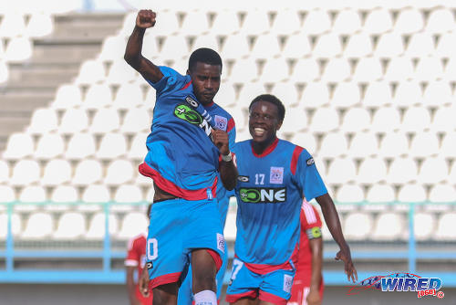 Photo: St Ann's Rangers captain Johan Peltier (left) celebrates his strike against Central FC with teammate Kadeem Hutchinson in Pro League action on 20 February 2016. (Courtesy Chevaughn Christopher/Wired868)