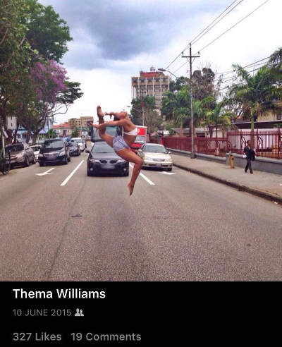 Photo: Russha Williams, the sister of Trinidad and Tobago gymnast Thema Williams, shows off her form in Port of Spain. (Courtesy Thema Williams)