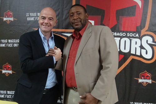 Photo: Trinidad and Tobago Football Association (TTFA) president David John-Williams and new FIFA president Gianni Infantino at the TTFA headquarters on 27 January 2016. Infantino was the UEFA general secretary at the time. (Courtesy TTFA Media)