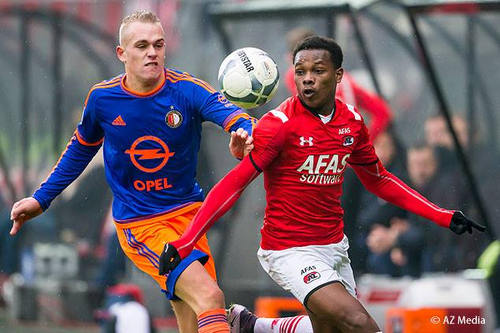 Photo: AZ Alkmaar and Trinidad and Tobago winger Levi Garcia (right) in Eredivisie action against Feyenoord. (Copyright AZ Media)