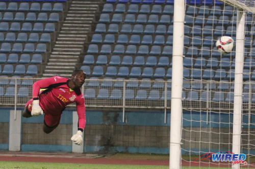 Photo: Defence Force goalkeeper Sheldon Clarke could only look on as St Ann's Rangers midfielder Jameel Antoine found the top corner. But Defence Force came out 2-1 winners in their TT Pro League clash on 1 March 2016 at the Ato Boldon Stadium in Couva. (Courtesy Chevaughn Christopher/Wired868)