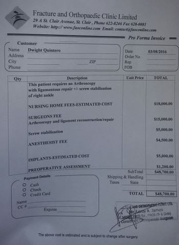 Photo: The Fracture & Orthopaedic Clinic itemises costs for treating W Connection forward Dwight Quintero. (Courtesy Nathalie Fournillier-Reyes)