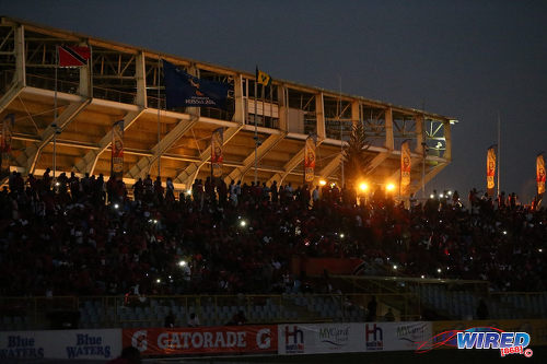 Photo: Trinidad and Tobago football fans wait in the darkness before kick off against St Vincent and the Grenadines at the Hasely Crawford Stadium, Port of Spain on 29 March 2016. Trinidad and Tobago won 6-0. (Courtesy: Allan V Crane/CA-images/Wired868)