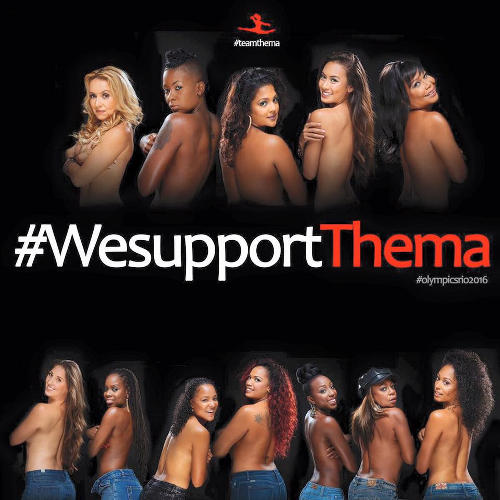 Photo: Well known Trinidad and Tobago personalities Nikki Crosby, Fay-Ann Lyons Alvarez, Penelope Spencer, Maylee Attin-Johnson, DJ Dani, Crystal Cunningham and Sophie KMW pose topless in support of Trinidad and Tobago gymnast Thema Williams. (Copyright Gary Jordan)