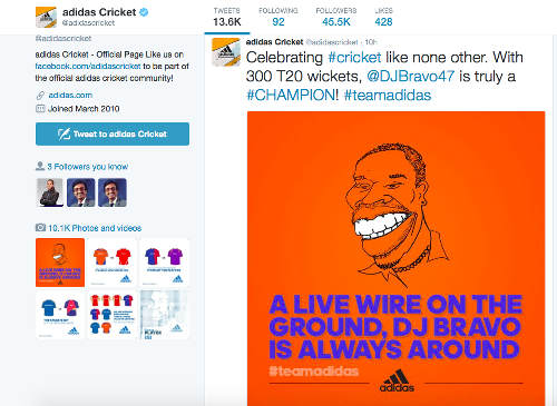 Photo: Adidas Cricket "celebrates" West Indies and Trinidad and Tobago cricket star on its Twitter page. (Courtesy @adidascricket)