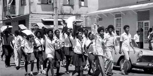 Photo: Students vent their feelings during the funeral procession for Basil Davis on 9 April 1970. (Courtesy Embau Moheni/NJAC)