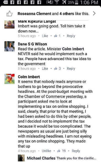 Photo: Finance Minister Colm Imbert responds to suggestions about an online tax on October 2015.