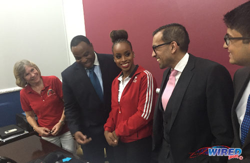 Photo: Trinidad and Tobago gymnast Thema Williams (centre) is flanked by (from left) Tots and Tumblers gymnastics club owner Annette Telfer and attorneys Keith Scotland, Dr Emir Crowne and Resa Ramjohn at a press conference on 27 April 2016 at the Virtus Chambers in Port of Spain. (Courtesy Wired868)