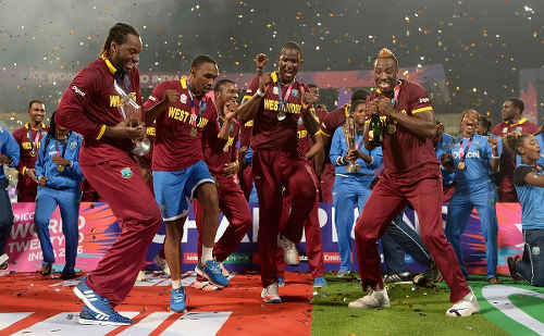 Photo: West Indies cricket players (from left) Chris Gayle, Dwayne Brave, Darren Sammy and Andre Russell celebrate after their 2016 World Twenty20 Championship final win over England. (Copyright ESPN)