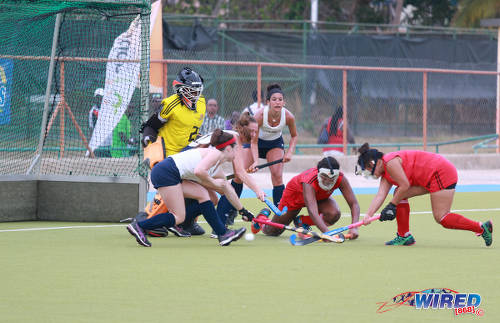 Photo: The Trinidad and Tobago Women's National Under-21 hockey team defend a penalty corner against the United States during their opening fixture of the 2016 Women's Junior Pan American Championship in Tacarigua on Thursday 31 March 2016. (Courtesy Nicholas Bhajan/Wired868)