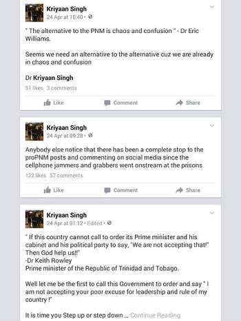 Photo: Socia media posts about the current PNM Government by Independent Senator Dr Kriyaan Singh.